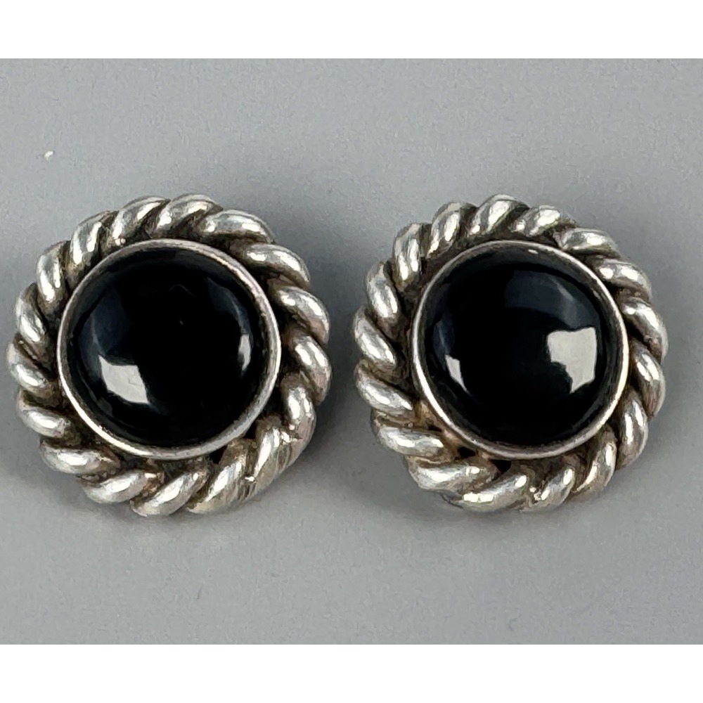 Thai 925 Sterling Silver Black Onyx Clip On Earrings Rope Border 11.8g